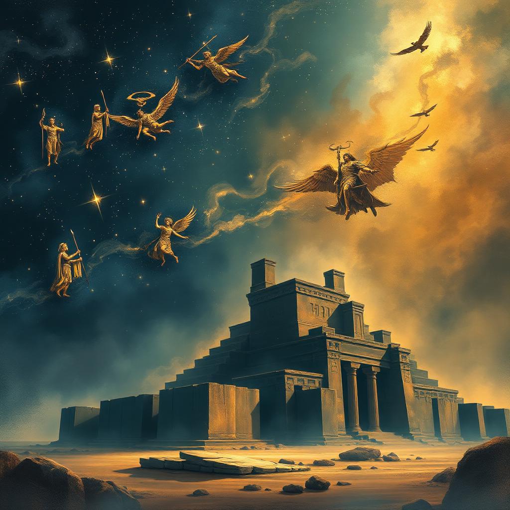 Ancient gods above a ziggurat in a starry sky